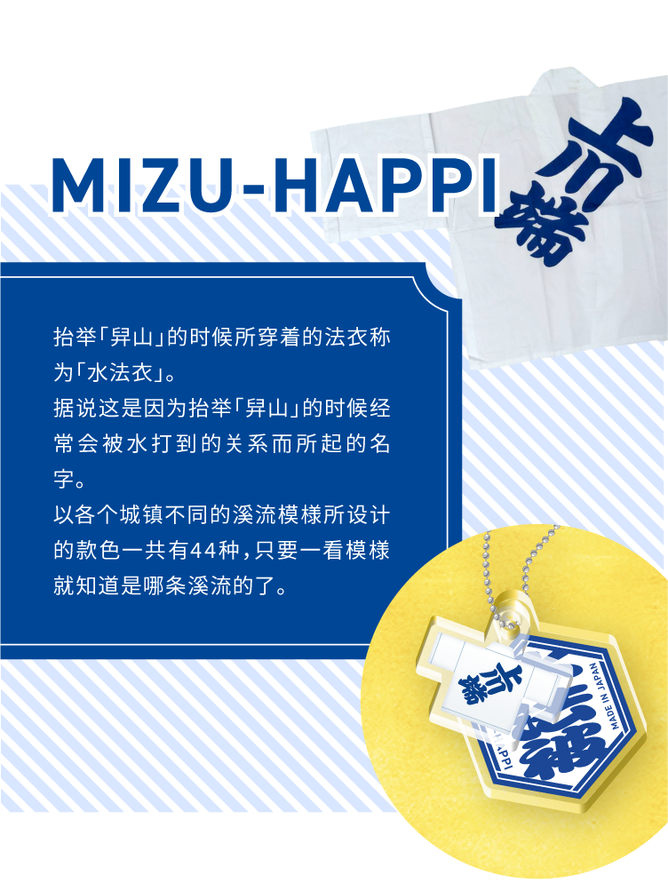 MIZU-HAPPI - 抬举「舁山」的时候所穿着的法衣称为「水法衣」。据说这是因为抬举「舁山」的时候经常会被水打到的关系而所起的名字。以各个城镇不同的溪流模様所设计的款色一共有44种,只要一看模様就知道是哪条溪流的了。
