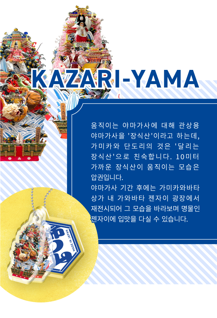 KAZARI-YAMA - 움직이는 야마가사에 대해 관상용 야마가사을 '장식산'이라고 하는데, 가미카와 단도리의 것은 '달리는 장식산'으로 친숙합니다. 10미터 가까운 장식산이 움직이는 모습은 압권입니다.
                야마가사 기간 후에는 가미카와바타 상가 내 가와바타 젠자이 광장에서 재전시되어 그 모습을 바라보며 명물인 젠자이에 입맛을 다실 수 있습니다.